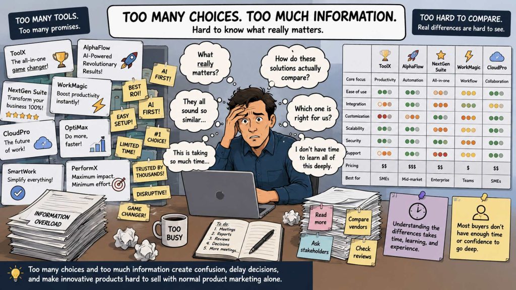 Digital comic-style illustration showing a stressed business buyer overwhelmed by too many software choices and too much information. In the center, a worried office worker sits at a laptop surrounded by floating marketing messages, comparison charts, sticky notes, piles of papers, and many different software brand cards. Thought bubbles around the person ask questions like “Which one is right for us?” and “How do these solutions actually compare?” The image highlights confusion, information overload, lack of time, and difficulty understanding the real differences between new solutions. A large comparison table on the right shows many similar-looking products with different ratings and features, while notes and papers around the desk emphasize how hard and time-consuming it is for buyers to evaluate innovative products.